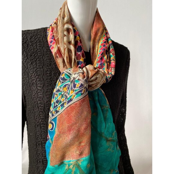 King Tut Exhibit  Silk Blend Scarf With Intricate Jewel-Inspired Motif & Turquoi - Picture 12 of 16